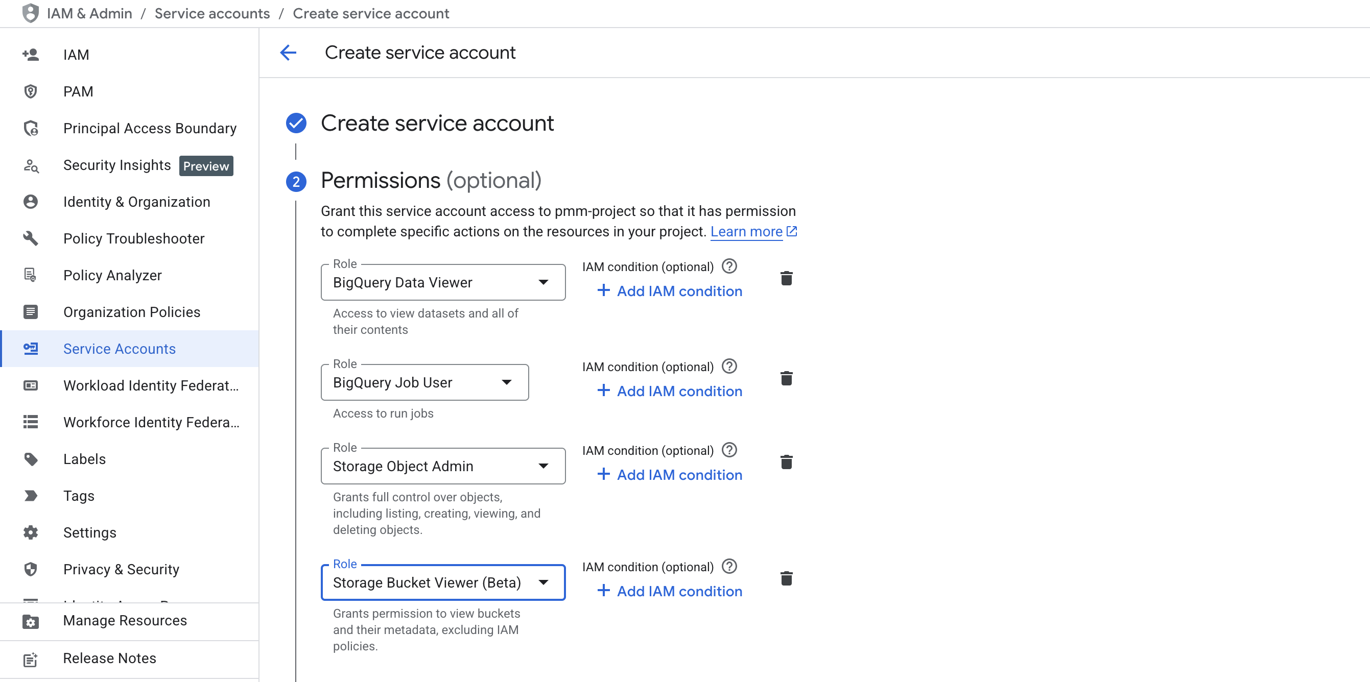 BigQuery 및 Cloud Storage 권한이 있는 서비스 계정 키 생성